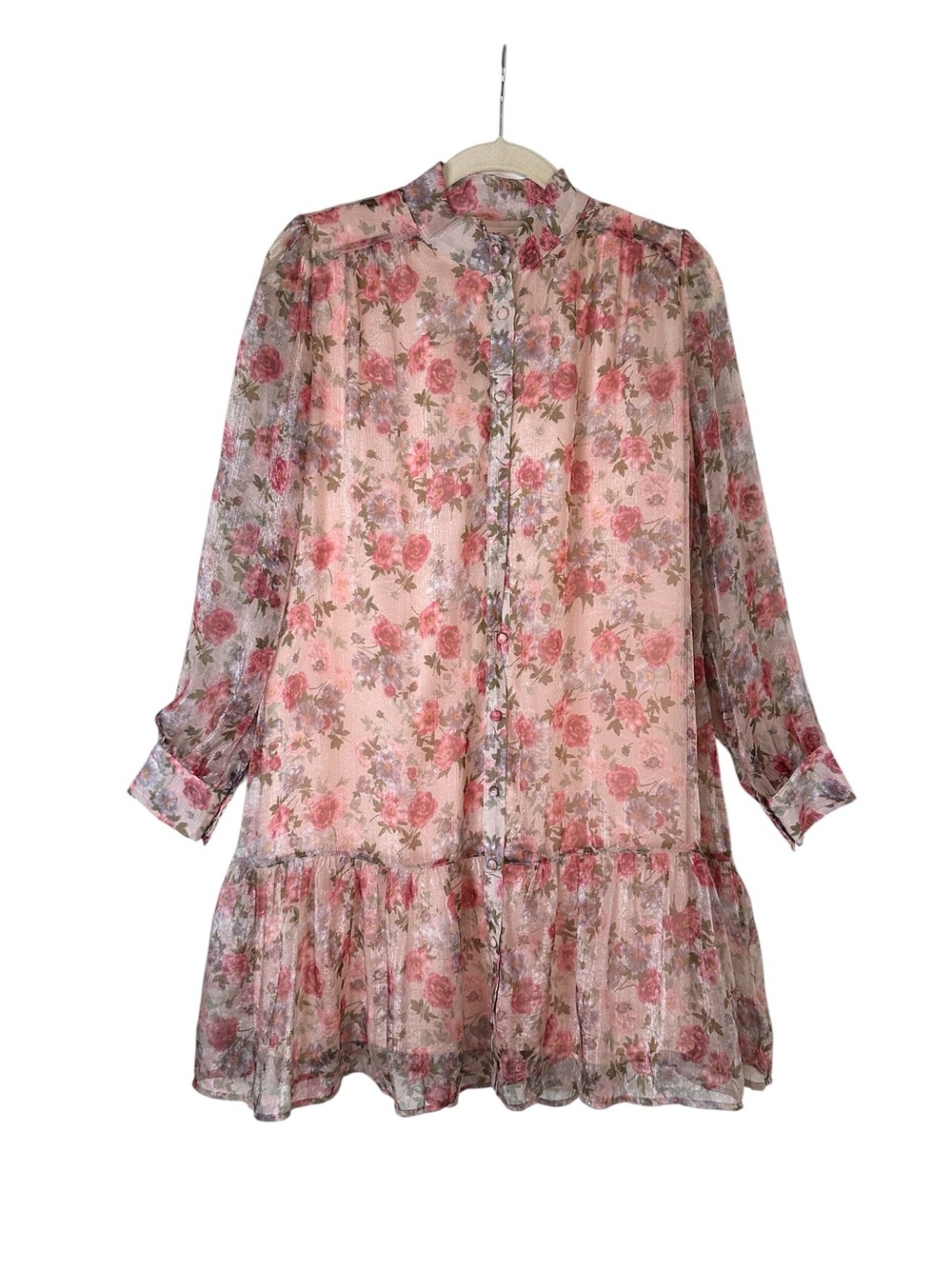 IVY CITY Pink Floral Shimmer Chiffon Dress Romantic Cottagecore Fairycore Size S